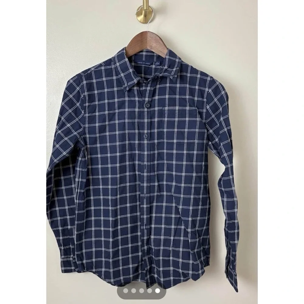 Janie and Jack Boys Button Down Shirt Boys 14 White Blue‎ Plaid Cotton Set Of 2